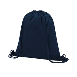 A navy drawstring bag with a round top and two drawstrings, featuring a logo at the front.