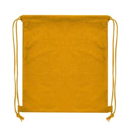 A yellow drawstring bag with a simple design and a logo. Ideal for carrying small items.