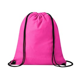 A bright pink drawstring bag with black cords, featuring a textured surface and a logo.