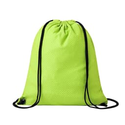 A bright green drawstring bag made of mesh material, featuring black cords and a logo.