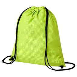 A bright lime green drawstring bag with a black drawstring and a textured surface.