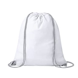 A drawstring bag in white with grey cords, featuring a breathable mesh design and a simple logo.