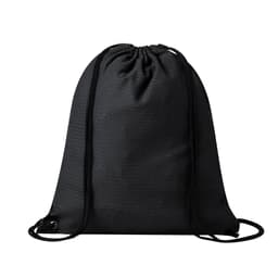 A black drawstring bag with a textured surface and a logo, featuring adjustable drawstrings at the top.