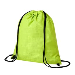A bright lime green drawstring bag with black cords and a textured surface. It features a logo.