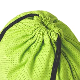 A green drawstring bag with a textured surface and black cord drawstring at the top, featuring a logo.