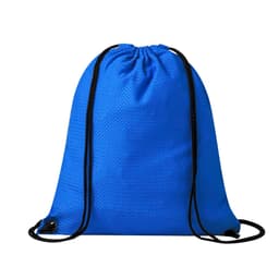A blue drawstring bag with a textured surface and black cords for closing, featuring a logo.