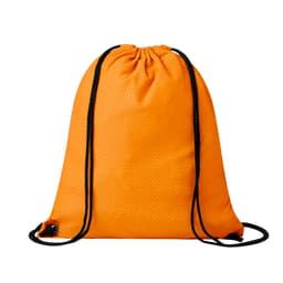 An orange drawstring bag with black straps and a textured surface, featuring a logo.