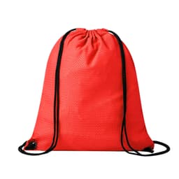 A red drawstring bag with black cords, featuring a textured surface and a logo.