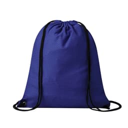 A purple drawstring bag features a textured surface and adjustable black cords. It includes a simple logo.
