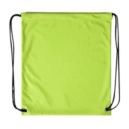 A lime green drawstring bag with black cords and a textured mesh fabric. It features a logo.