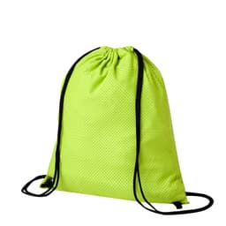 A bright lime green drawstring bag with black cords and a textured surface. It features a logo on one side.