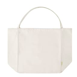 A cream tote bag with a simple design and a single logo tag. It features two sturdy handles for carrying.