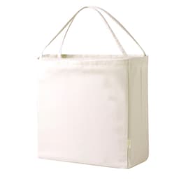 A tote bag in cream with sturdy handles and a simple design. It features a branding logo.
