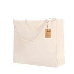 A large cream tote bag made from recycled materials, featuring a tag and a simple design.
