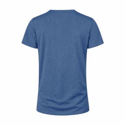 A blue T-shirt with a simple design and short sleeves, featuring a logo on the back.