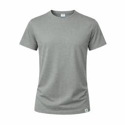 A grey T-shirt with a round neckline and short sleeves, featuring a small logo at the hem.