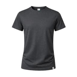 A dark grey T-shirt featuring a crew neckline and short sleeves, with a small logo at the hem.