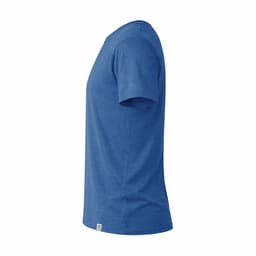 A blue T-shirt with short sleeves, featuring a logo on the side.