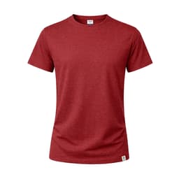A red t-shirt featuring a crew neck design and a small logo at the hem. Lightweight and casual style.