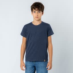 A navy-blue T-shirt for kids, featuring short sleeves and a logo on the hem, paired with denim jeans.