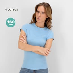 A light blue women's T-shirt with a fitted style and short sleeves. Features a logo on the top left.