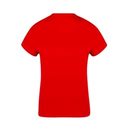 A red women's t-shirt with a simple design and short sleeves, featuring a logo on the back.