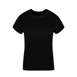 A black T-shirt with a classic crew neckline and short sleeves, featuring a logo on one side.