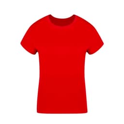 A red women's T-shirt with short sleeves and a rounded neckline, featuring a logo on the front.