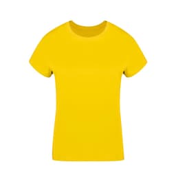 A yellow women's T-shirt with a round neckline and short sleeves. It features a logo on the design.
