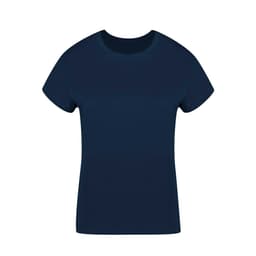 A navy women's t-shirt featuring a classic crew neckline and short sleeves. Includes a branding logo.
