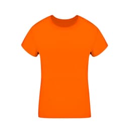 An orange T-shirt featuring a round neck and short sleeves, complete with a logo.