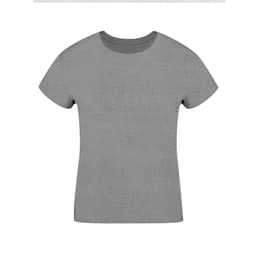 A grey women's t-shirt with a crew neckline and short sleeves, featuring a logo.