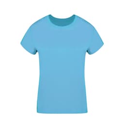 A blue women's T-shirt with a classic fit and short sleeves, featuring a logo on the front.