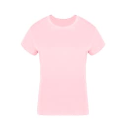 A pink women's t-shirt with a simple design and short sleeves. It has a logo on the front.