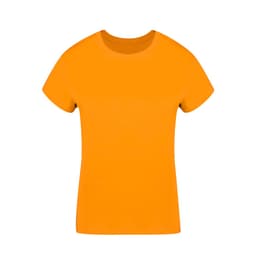 An orange women's T-shirt featuring a classic round neckline. The shirt has short sleeves and a simple design.