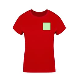 A red women's t-shirt featuring a plain green patch on the front and a casual design.