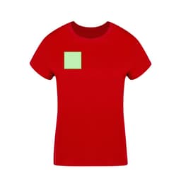 A red women's T-shirt featuring a green square patch and a logo on the front.