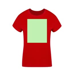 A red women's t-shirt featuring a blank green square on the front and short sleeves. It has a logo on the neck.