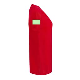 A red women's t-shirt with a plain design and a logo on the sleeve.