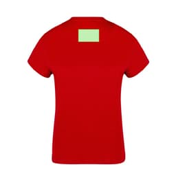 A red women's T-shirt with a blank green label on the back, featuring a classic fit and short sleeves.