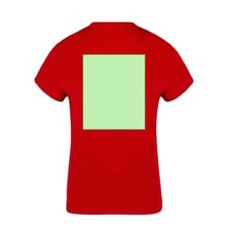 A red women's t-shirt featuring a blank green rectangular area on the back. It has a logo on the front.