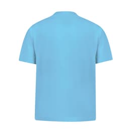A light blue children's T-shirt with a simple design and a logo on the back.
