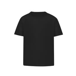 A black T-shirt with a loose fit, featuring a round neckline and short sleeves. It has a branding logo on it.
