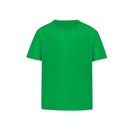 A bright green children's T-shirt with a classic crew neckline and short sleeves. It features a logo.