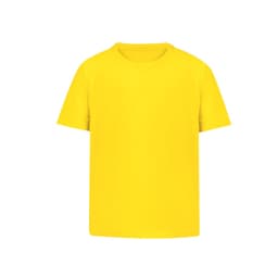 A yellow t-shirt with a crew neck and short sleeves. The shirt features a logo on the front.