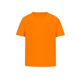 An orange kids' t-shirt with a crew neck design and short sleeves. It has a logo on it.