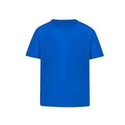 A blue T-shirt with a round neck and short sleeves, featuring a logo on the front.