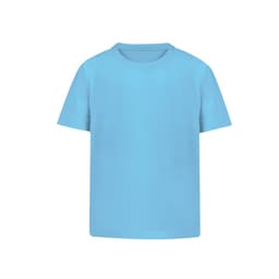 A light blue children's T-shirt with a round neckline and short sleeves. It has a plain design and features a logo.