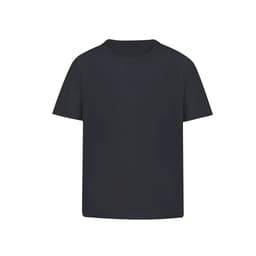 A navy blue kids' T-shirt with a classic crew neck and short sleeves. It features a branding logo.