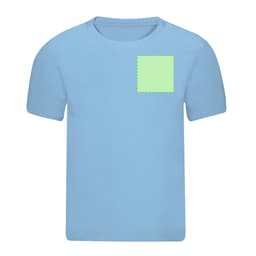 A light blue kids' t-shirt featuring a green square patch on the front and a simple rounded neckline.